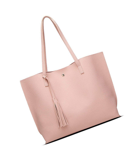 Women's Soft Leather Tote Shoulder Bag From Dreubea, Big Capacity Tassel Handbag Pink